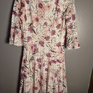 Rabbit Rabbit Designs Floral Lace Fit-and-Flare Dress in Pink and Cream